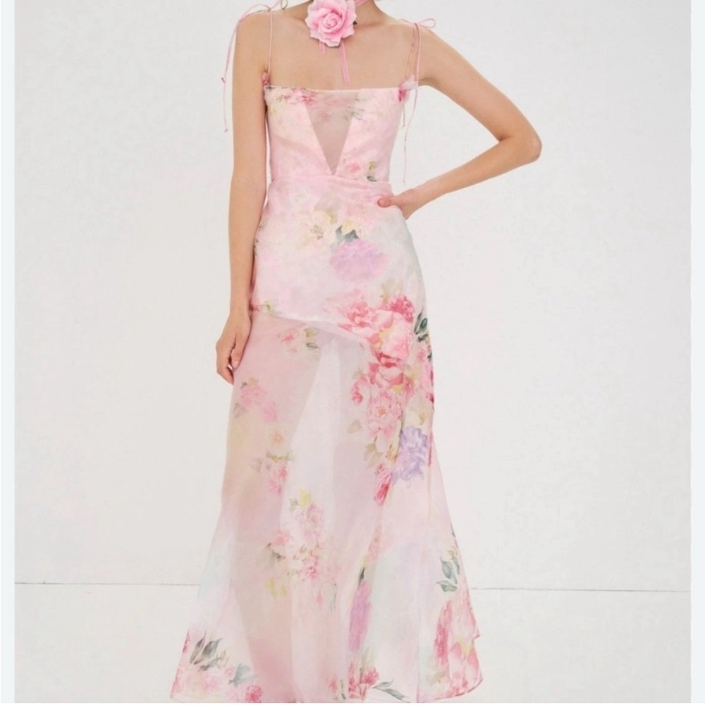 For Love & Lemons Lisa Sheer Floral Maxi Dress Pink Size XS - Picture 2 of 8